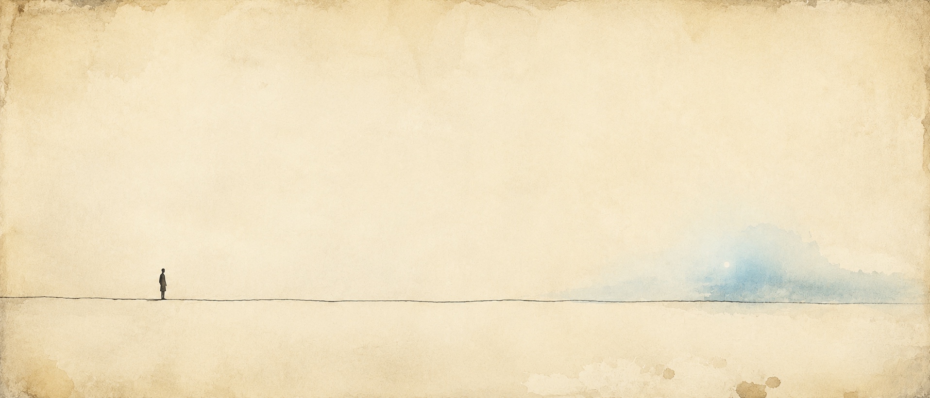 Figura solitaria caminando sobre un horizonte, ilustración en acuarela sobre papel envejecido