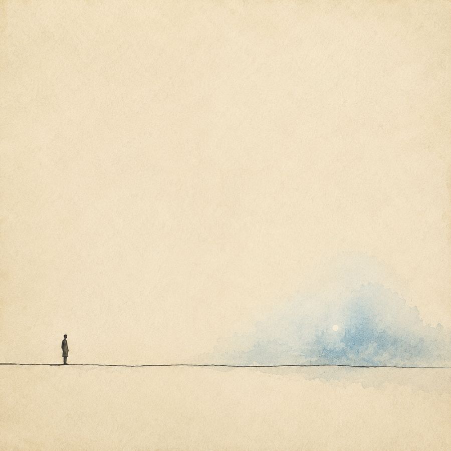 Figura solitaria de pie sobre una línea de horizonte, frente a una niebla azul que se levanta a lo lejos; ilustración en acuarela sobre papel envejecido
